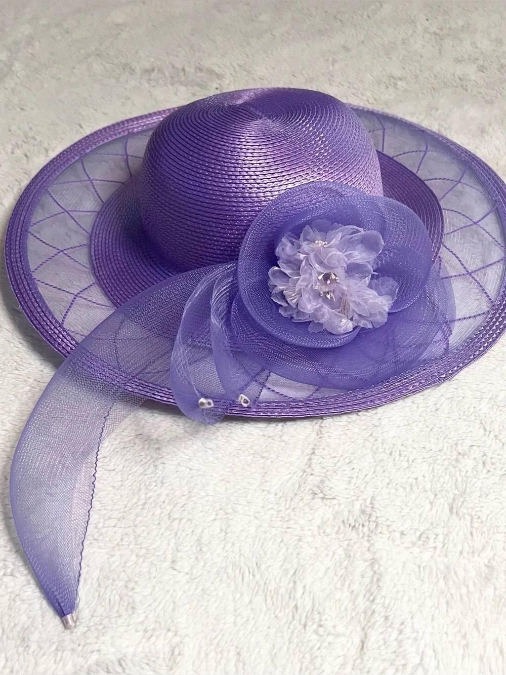 Vintage Lord & Taylor Lavender Purple Wide Brim Floral Fascinator Derby Hat